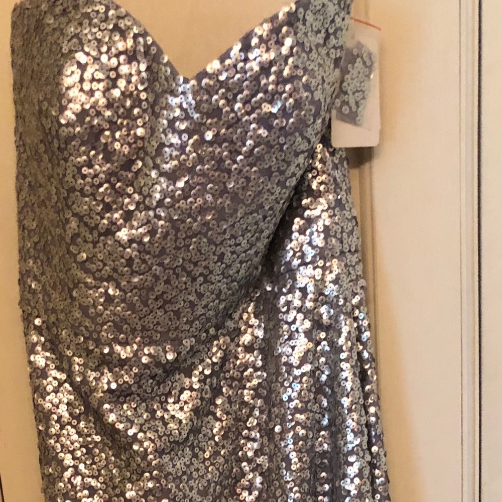 NWT beautiful strapless silver sequins long gown.